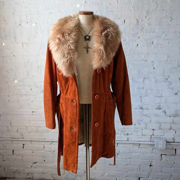 Vintage Orange Suede Penny Lane Jacket Leather Trench Coat Faux Fur Coat Large - Picture 6 of 11